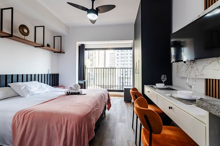 Studio Cama King + Piscina, Rooftop e Metrô