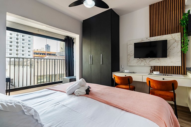 Studio Cama King + Piscina, Rooftop e Metrô