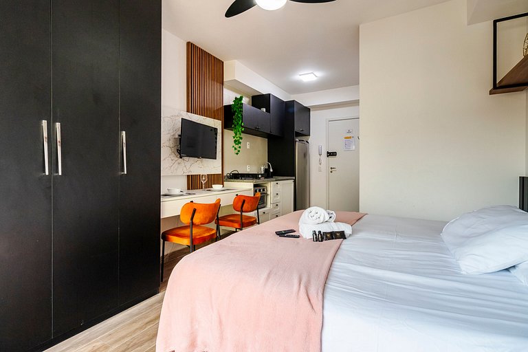 Studio Cama King + Piscina, Rooftop e Metrô